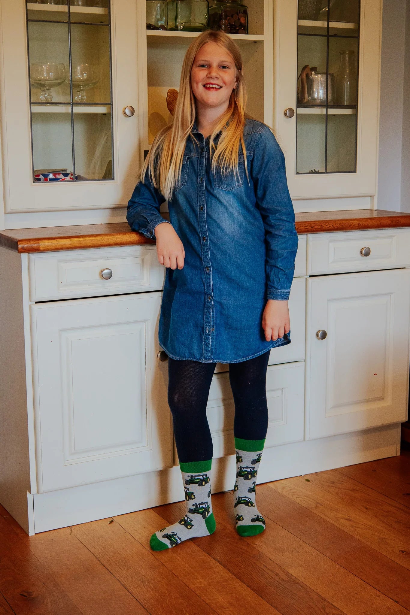 Childrens Green Tractor Crew Socks (9-12Yrs)