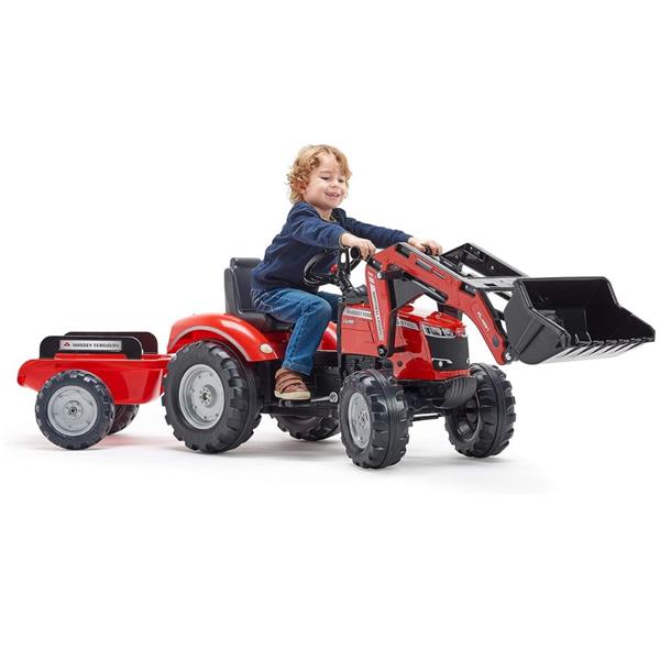 Red Massey Ferguson S8740 pedal-powered excavator with trailer F4010AM