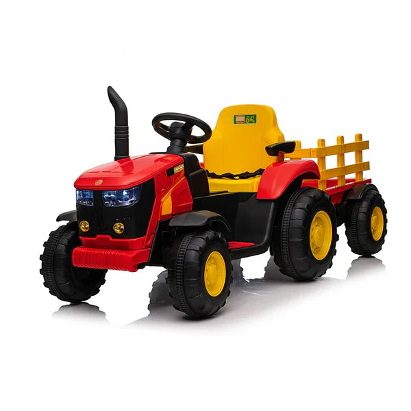 Kids Ride On Electric Tractor and Trailer in Red | 12V