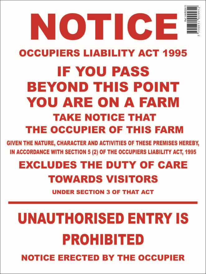 Occupiers Liability Act 1995 Farm Sign – CountryfarmsuppliesUK